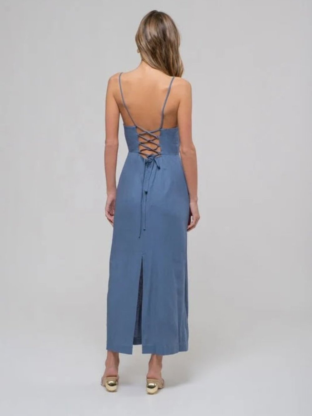 Altar'd State Slate Blue Lace-Up Back Linen Midi Dress - Picture 4 of 8